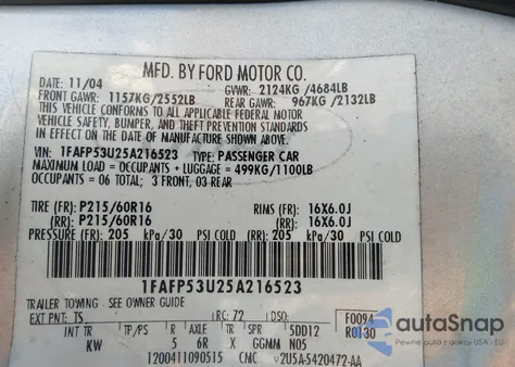 2005 Ford Taurus Se from USA, damaged, VIN 1FAFP53U25A216523